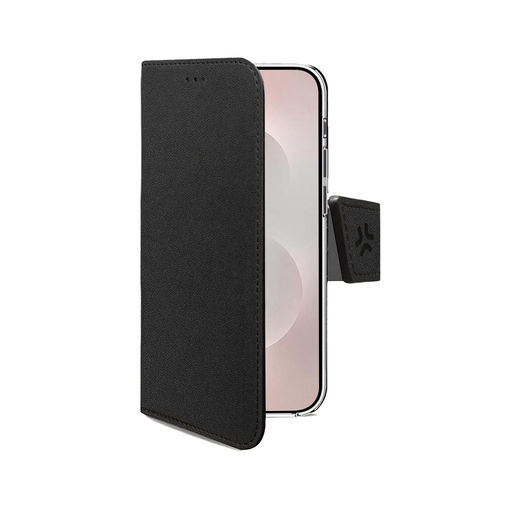 CELLY WALLY - Custodia a libro in pelle sintetica con chiusura flap magnetico, slot per carte e funzione stand colore nero compatibile con Samsung Galaxy S25 Edge