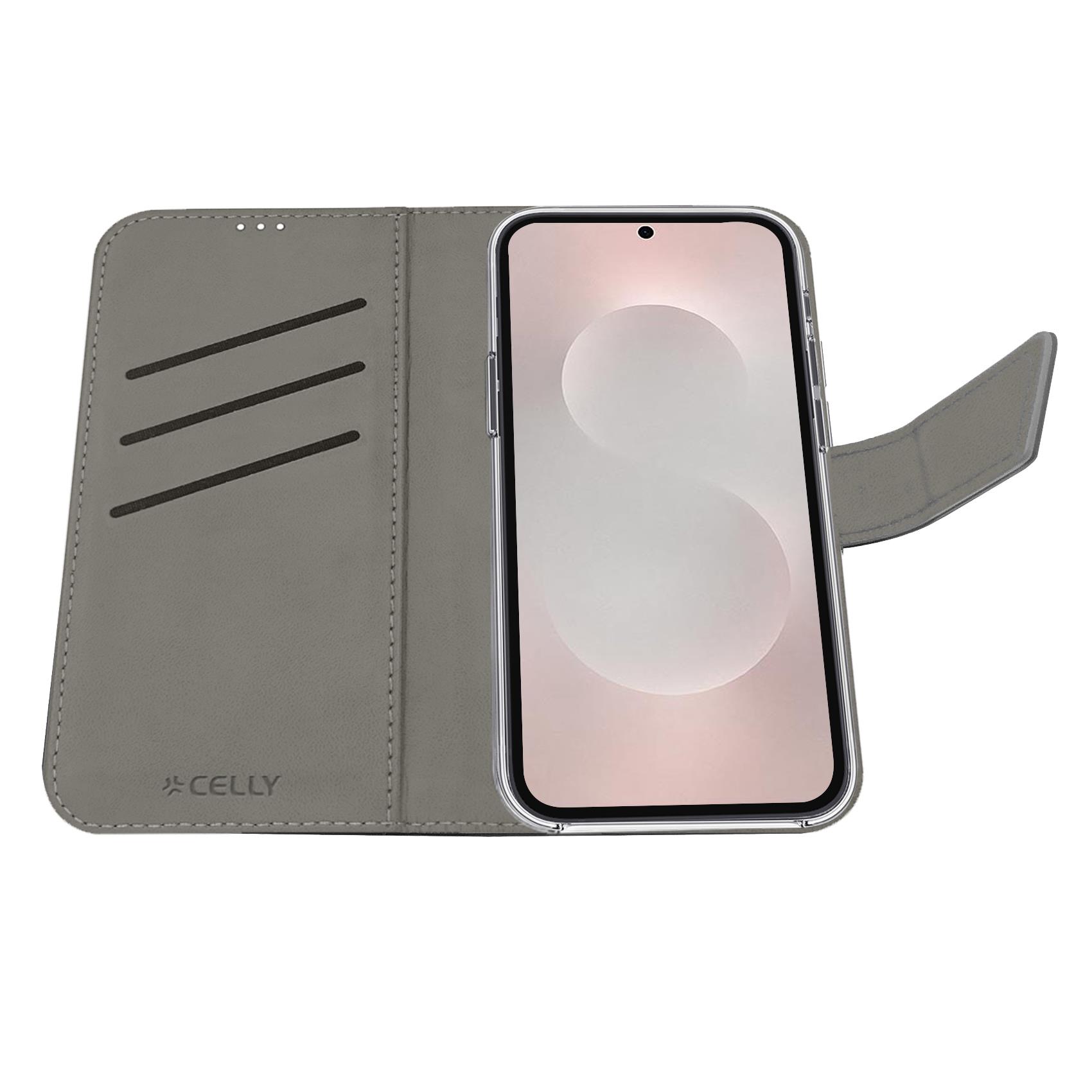 WALLY - Custodia a libro in pelle sintetica con chiusura flap magnetico, slot per carte e funzione stand colore nero compatibile con Samsung Galaxy S25 Edge 5