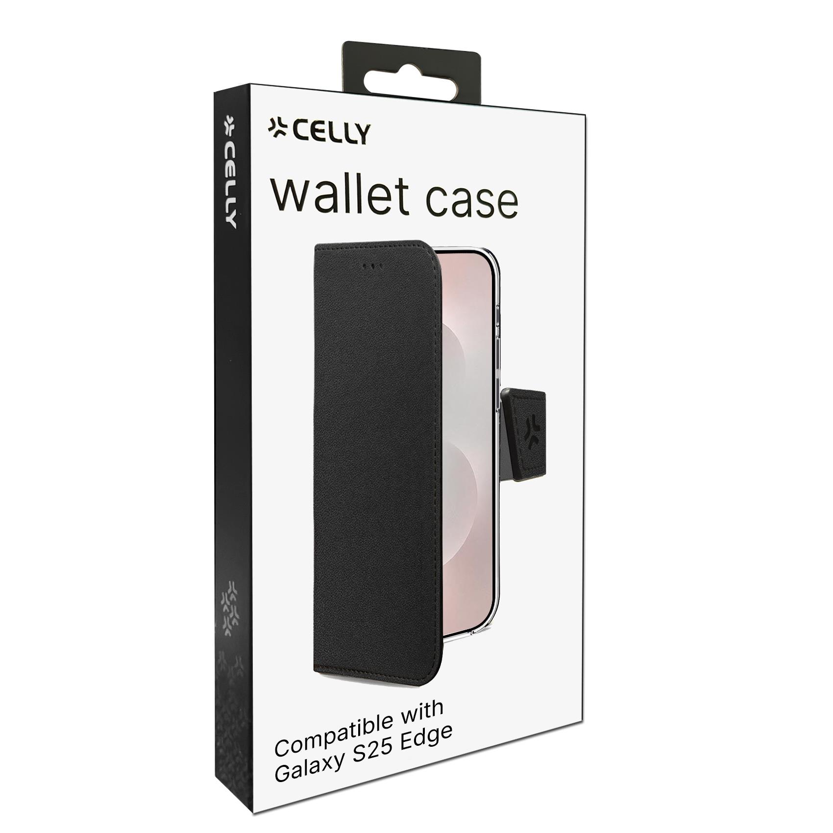 WALLY - Custodia a libro in pelle sintetica con chiusura flap magnetico, slot per carte e funzione stand colore nero compatibile con Samsung Galaxy S25 Edge 6