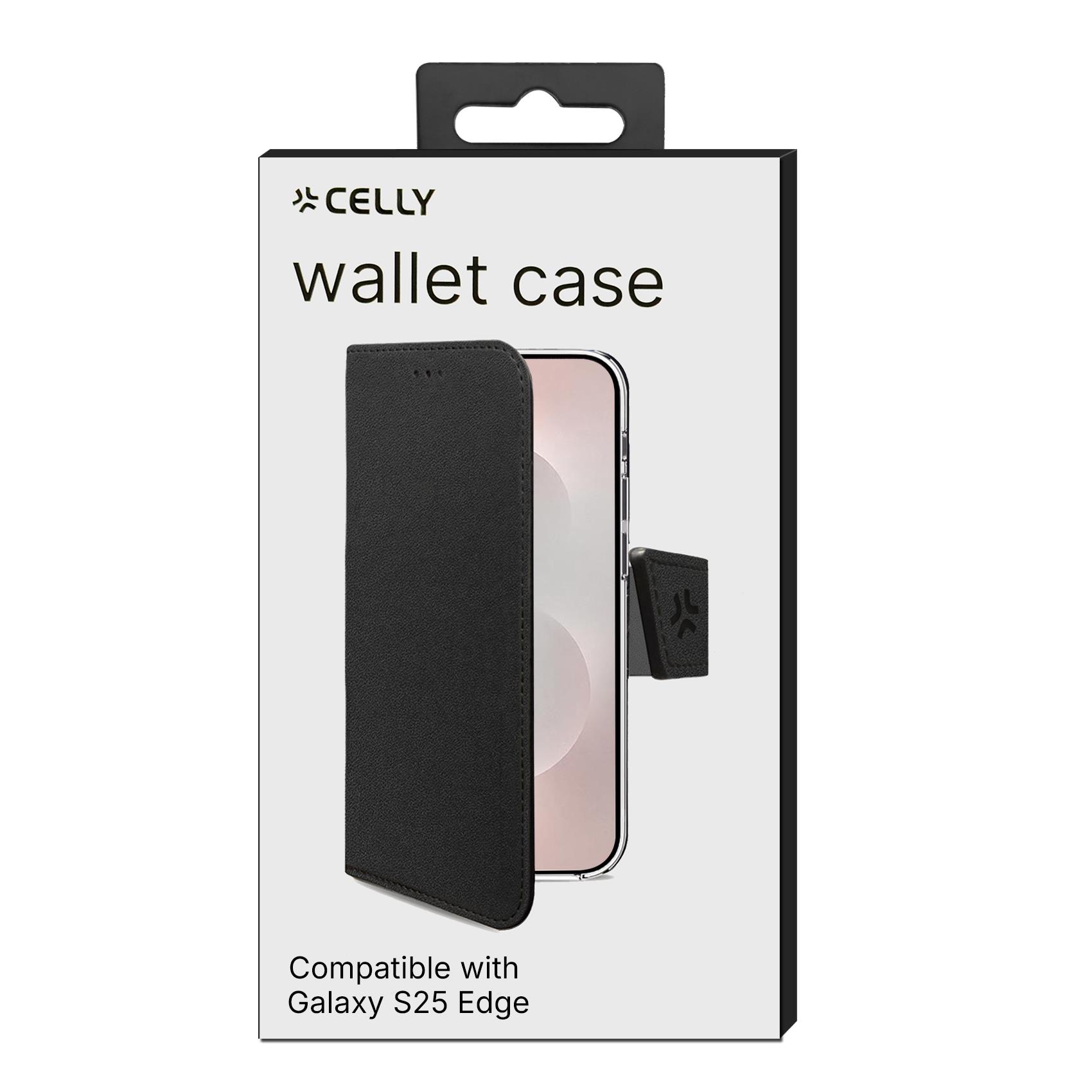 WALLY - Custodia a libro in pelle sintetica con chiusura flap magnetico, slot per carte e funzione stand colore nero compatibile con Samsung Galaxy S25 Edge 7