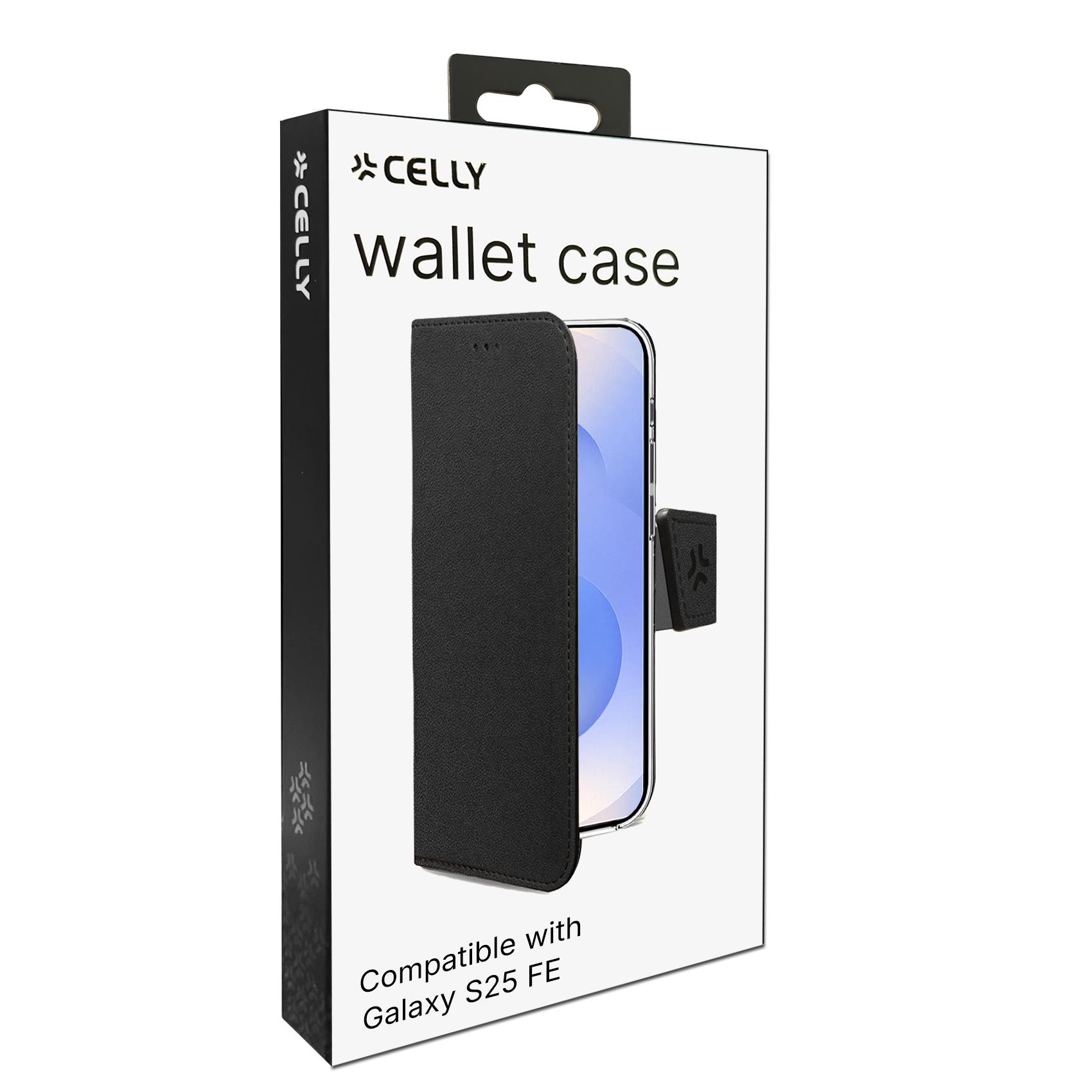 WALLY - Custodia a libro in pelle sintetica con chiusura flap magnetico, slot per carte e funzione stand colore nero compatibile con Samsung Galaxy S25 FE 4