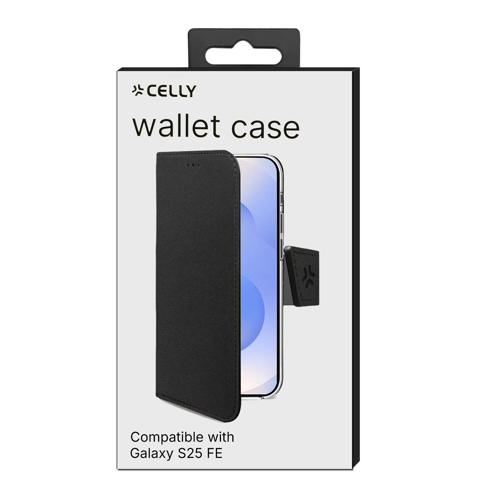 WALLY - Custodia a libro in pelle sintetica con chiusura flap magnetico, slot per carte e funzione stand colore nero compatibile con Samsung Galaxy S25 FE 5
