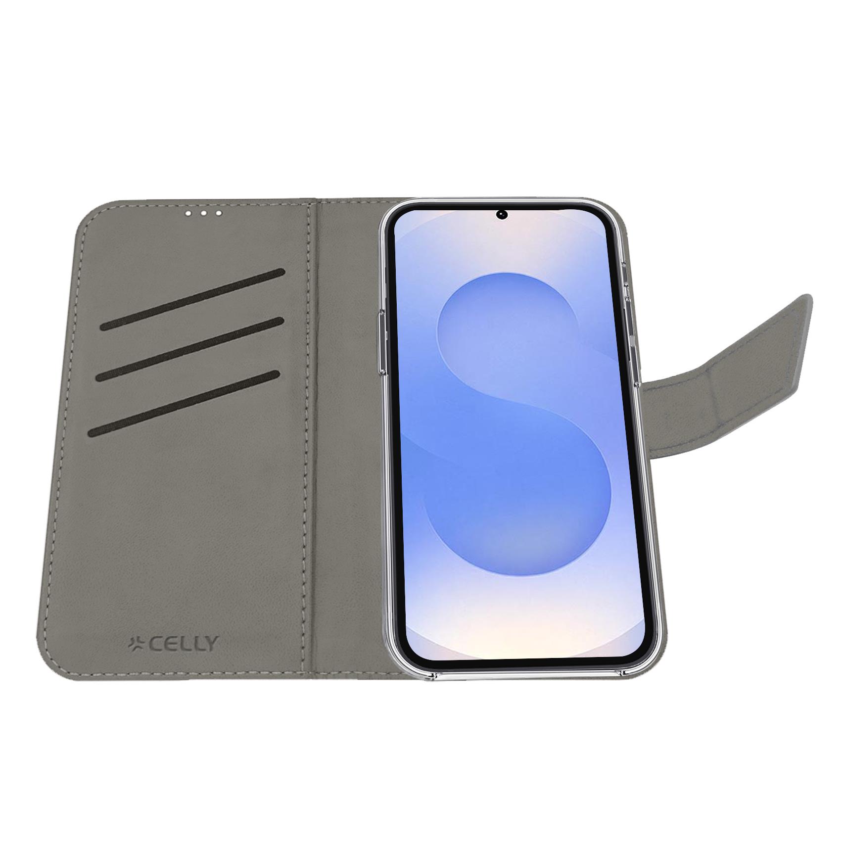 WALLY - Custodia a libro in pelle sintetica con chiusura flap magnetico, slot per carte e funzione stand colore nero compatibile con Samsung Galaxy S25 FE 6