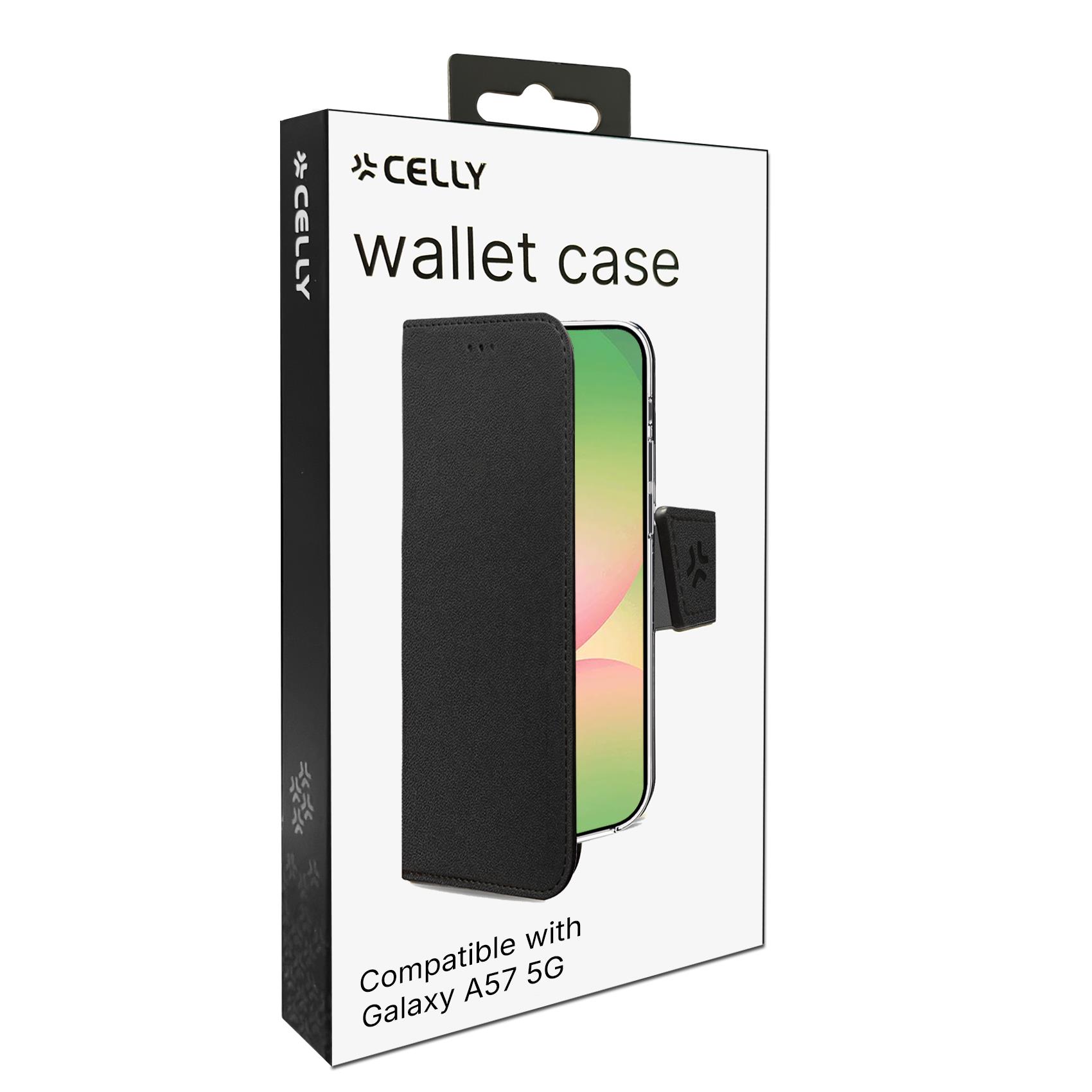 WALLY - Custodia a libro in pelle sintetica con chiusura flap magnetico, slot per carte e funzione stand colore nero compatibile con Samsung Galaxy A57 5G/ Galaxy A57 5G EE 4