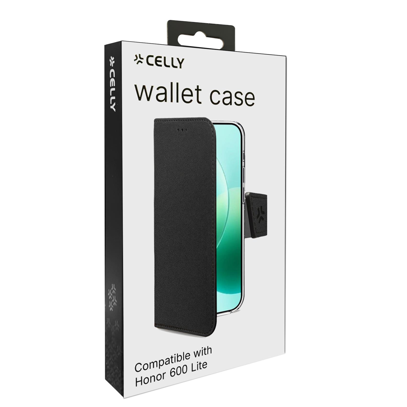 WALLY - Custodia a libro in pelle sintetica con chiusura flap magnetico, slot per carte e funzione stand colore nero compatibile con Honor 600 lite 7
