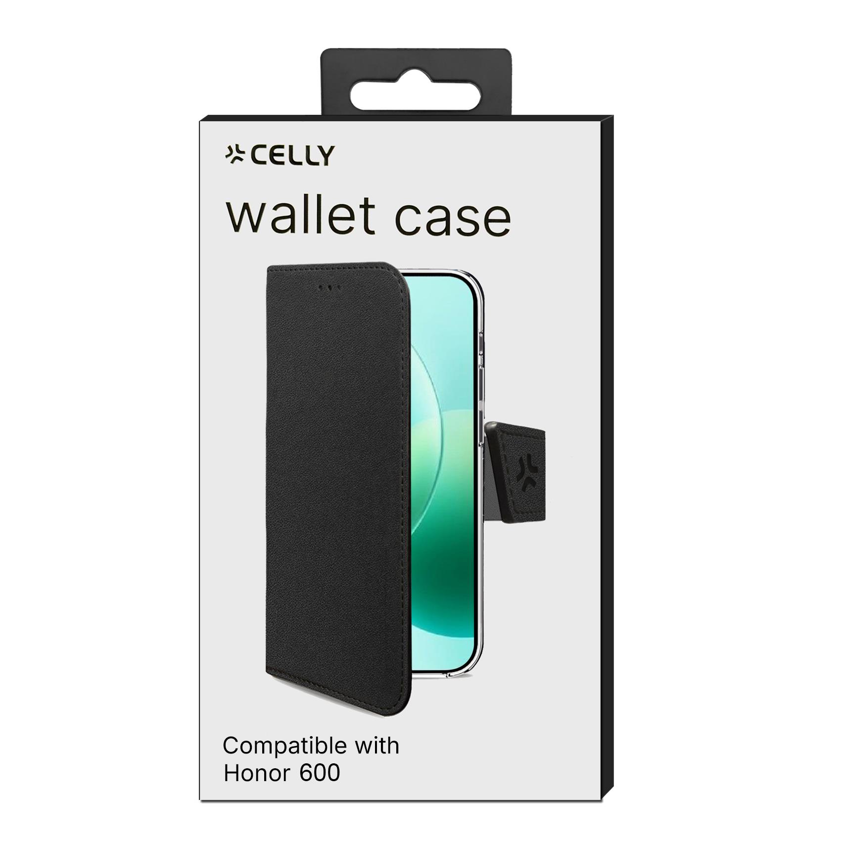WALLY - Custodia a libro in pelle sintetica con chiusura flap magnetico, slot per carte e funzione stand colore nero compatibile con Honor 600 5