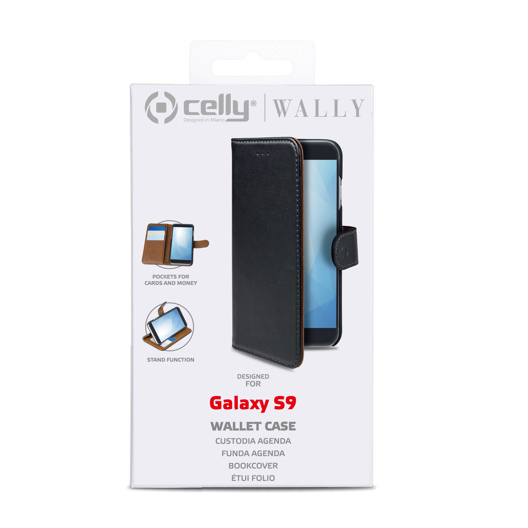 CELLY WALLY - Custodia a libro in pelle sintetica con chiusura flap magnetico, slot per carte e funzione stand colore nero compatibile con Samsung Galaxy S9