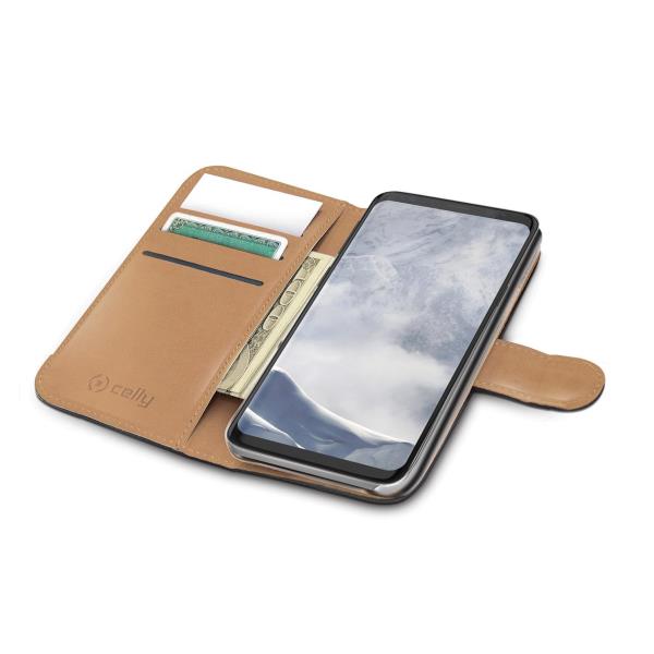 WALLY - Custodia a libro in pelle sintetica con chiusura flap magnetico, slot per carte e funzione stand colore nero compatibile con Samsung Galaxy S9+ 2