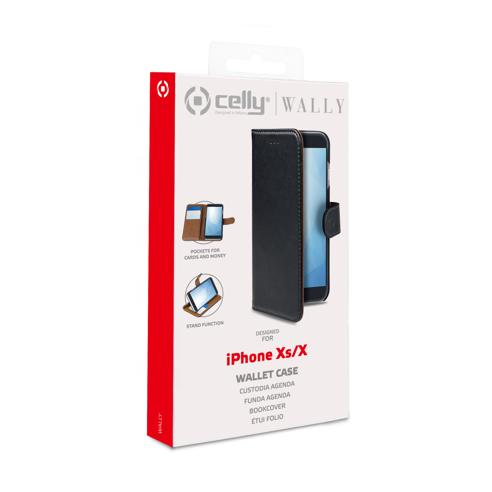 CELLY WALLY - Custodia a libro in pelle sintetica con chiusura flap magnetico, slot per carte e funzione stand colore nero compatibile con Apple iPhone Xs / iPhone X