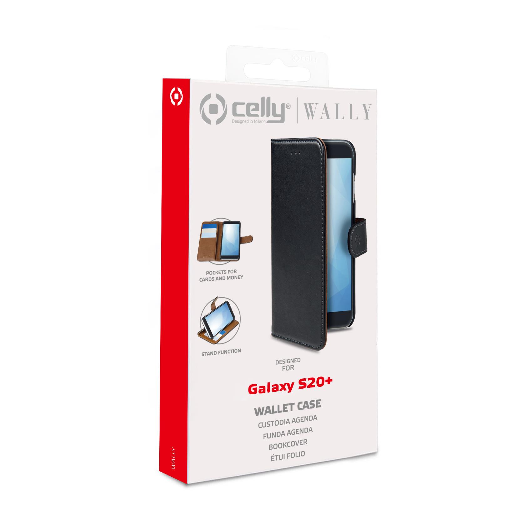 CELLY WALLY - Custodia a libro in pelle sintetica con chiusura flap magnetico, slot per carte e funzione stand colore nero compatibile con Samsung Galaxy S20+