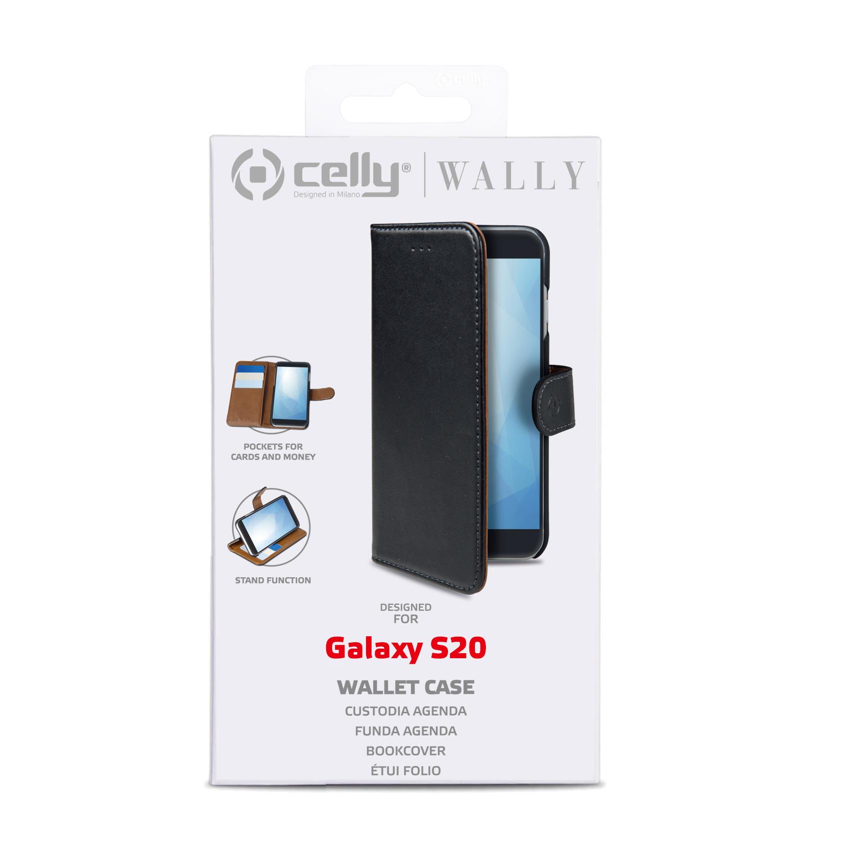 CELLY WALLY - Custodia a libro in pelle sintetica con chiusura flap magnetico, slot per carte e funzione stand colore nero compatibile con Samsung Galaxy S20