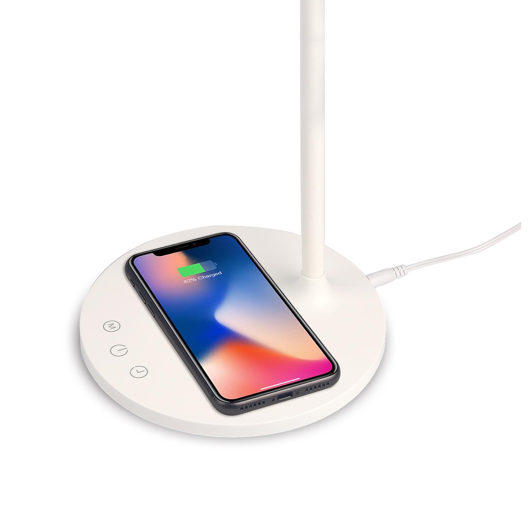 WLLIGHT10W - Lampada LED con caricabatteria wireless integrato, potenza massima 10 Watt, tre tonalità di luce, braccio flessibile 5
