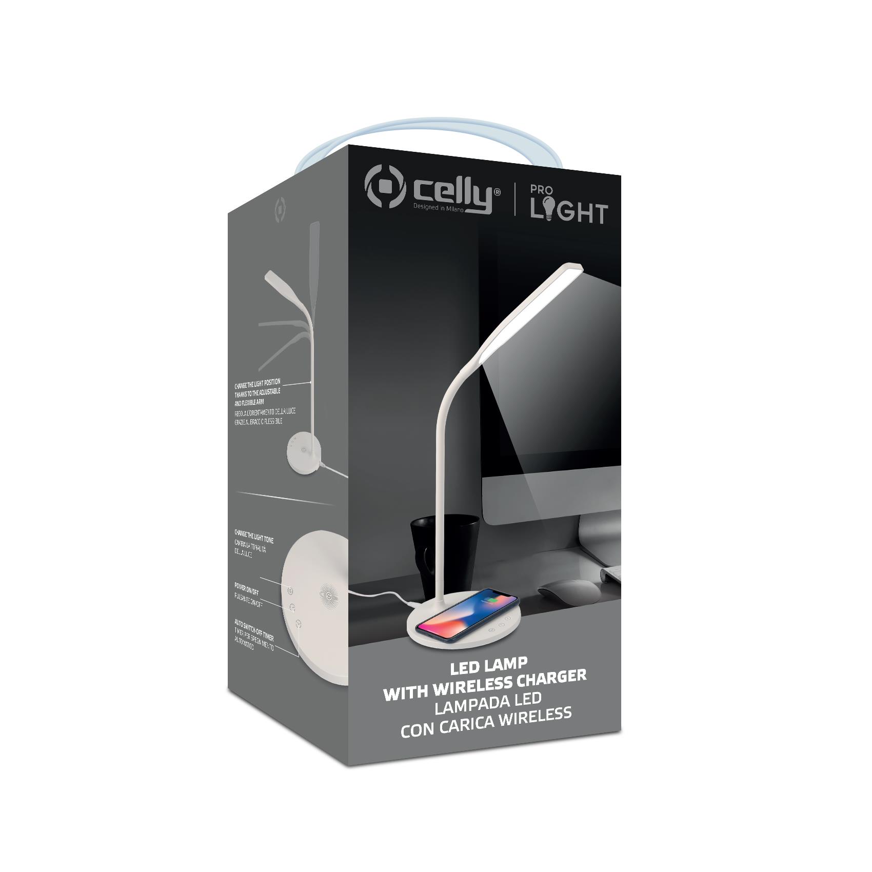 WLLIGHT10W - Lampada LED con caricabatteria wireless integrato, potenza massima 10 Watt, tre tonalità di luce, braccio flessibile 8