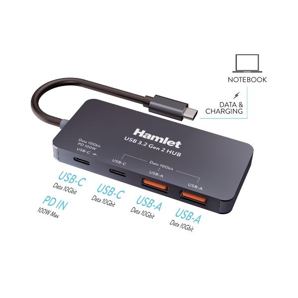 XHUB-432C-10G-Y HUB 4 porte USB-C 10 Gbps 2xUSB-A 2xUSB-C + PD 100W 3